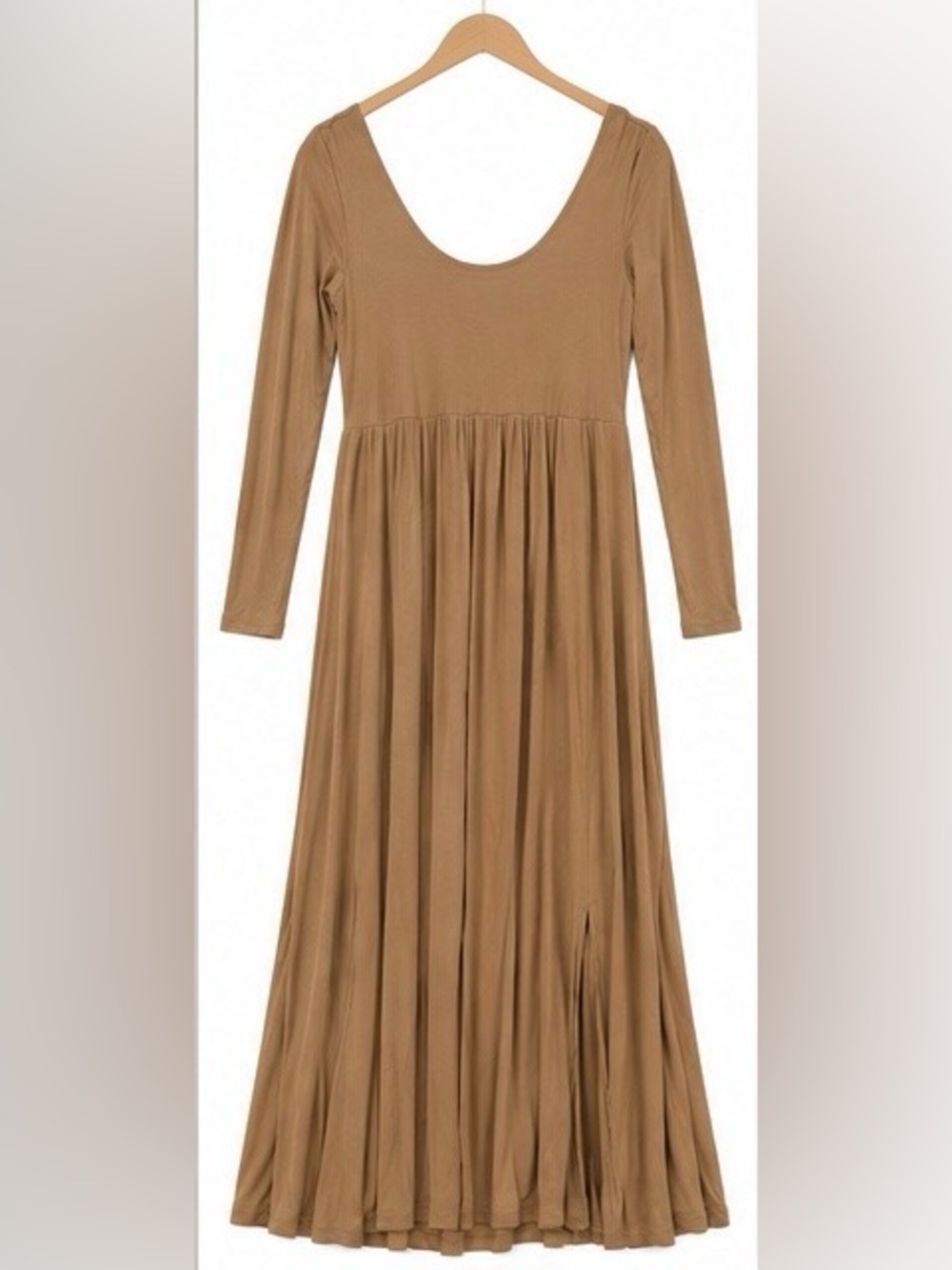 A New Day Tan Maxi Dress Long Sleeve Scoop Neck Pleated Boho Medium